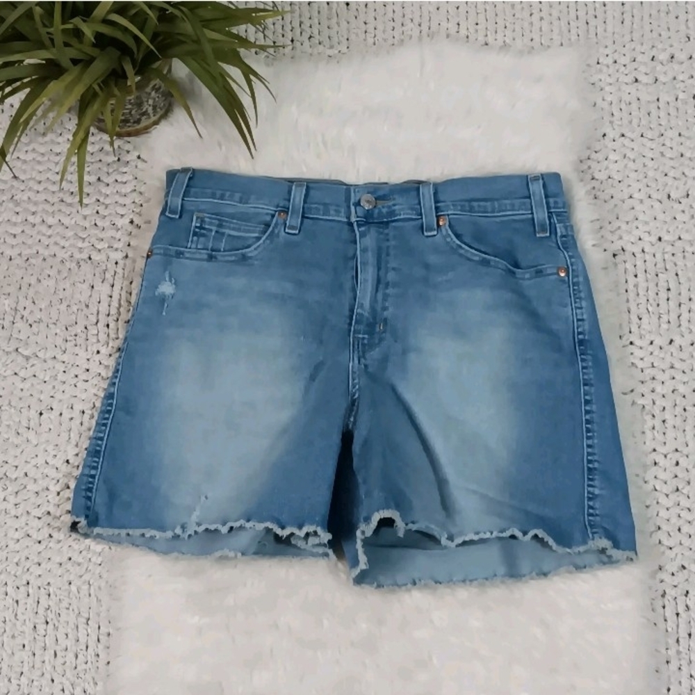 Signature by Levi Strauss Blue Distressed Denim Cutoff Shorts W/ Frayed Hem